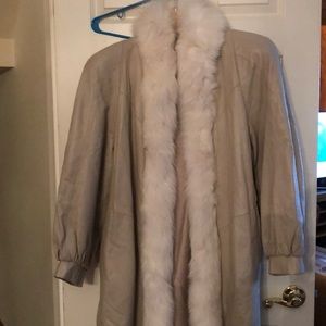 Full length leather coat w dyed fox fur trim L